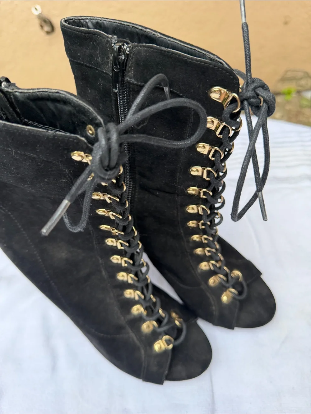 Wild Diva Black Lace-Up Peep Toe Stiletto Booties with Gold Eyelets - Picture 4 of 6
